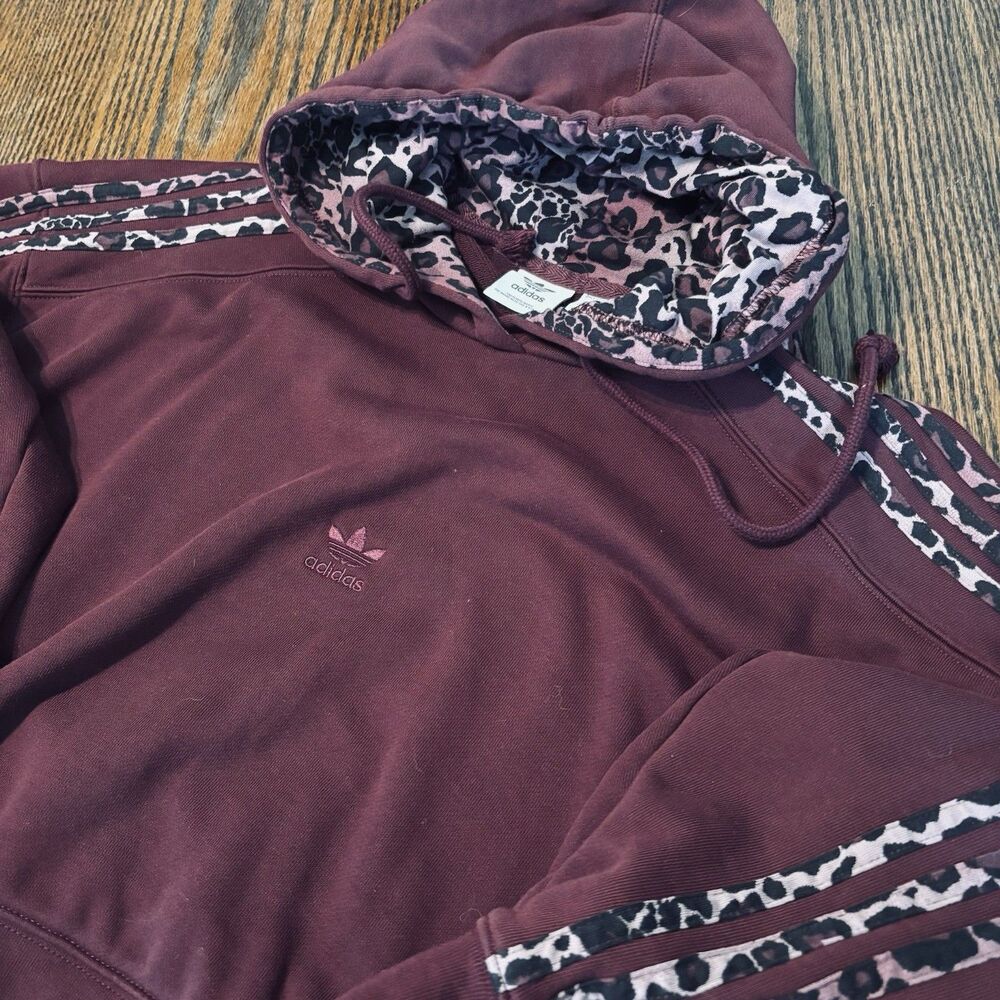 Adidas Adicolor Leopard Logo Cropped Hoodie Sweatshirt Burgundy Women's Size M - Picture 2 of 11